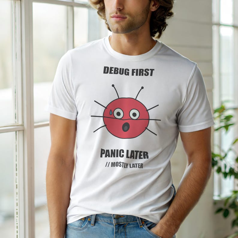 Debug First Panic Later / Developer T-Shirt / Programmer Humor Tee image 3