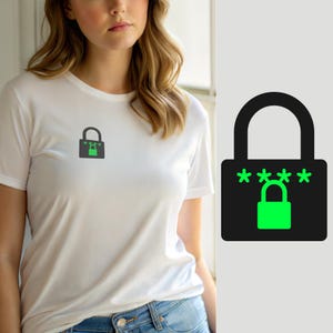May include: A white short-sleeved t-shirt featuring a graphic on the chest. The graphic displays a dark gray padlock icon with four bright green asterisks above a smaller, solid bright green padlock icon centered within the larger shape.