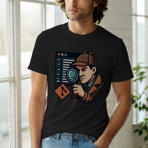 Könnte beinhalten: Schwarzes T-Shirt mit einer Cartoon-Illustration eines Detektivs, der eine Lupe, einen Computerbildschirm und ein Code-Symbol hält. Der Detektiv trägt einen braunen Hut und Mantel. Das Design ist im Cartoon-Stil.