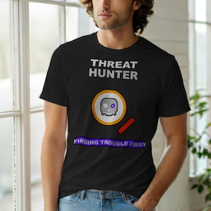 Op de afbeelding: Zwart T-shirt met de tekst "THREAT HUNTER" en een afbeelding van een schedel in een cirkel. Daaronder staat "FINDING TROUBLE FIRST". Het T-shirt wordt door een persoon gedragen.