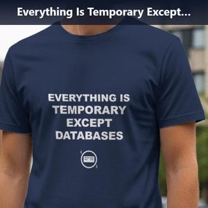 May include: Navy blue t-shirt with the text "EVERYTHING IS TEMPORARY EXCEPT DATABASES" in white. The shirt also features a small graphic of a database symbol. The shirt is being worn outdoors.
