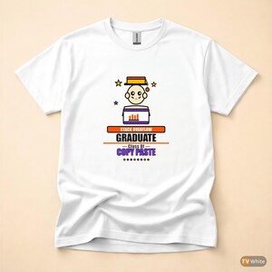 May include: White t-shirt with a colorful graphic. The graphic features a cartoon character with a graduation cap, stars, and the words "STACK OVERFLOW GRADUATE - Class 01 - COPY PASTE."
