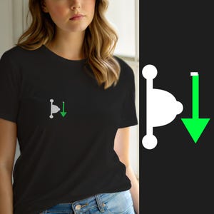 Könnte beinhalten: Ein schwarzes T-Shirt mit kurzen Ärmeln und einer kleinen weißen Grafik auf der linken Brust. Die Grafik besteht aus einem vertikalen weißen Balken mit zwei Kreisen an den Enden, einer weißen Mittelform und einem hellgrünen Pfeil nach unten.