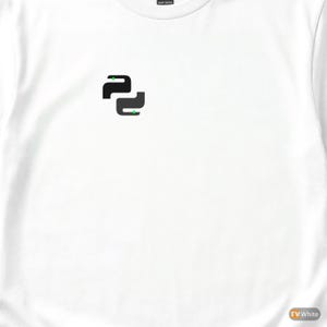 May include: A white t-shirt featuring a small, centered graphic on the upper chest. The graphic consists of two interlocking, abstract black shapes, each accented with a single, tiny, bright green dot. The fabric appears to be a standard cotton.