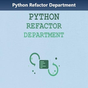 Op de afbeelding: Lichtblauw T-shirt met de groene tekst "PYTHON REFACTOR DEPARTMENT". Daaronder staat een afbeelding van een vierkant met lijnen en twee gebogen pijlen. Het T-shirt heeft korte mouwen.