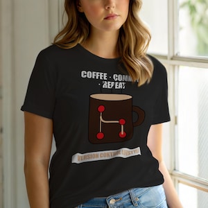 Puede incluir: Camiseta negra con un diseño de taza de café marrón con puntos y líneas rojas. El texto encima de la taza dice "COFFEE. COMMIT. REPEAT." Debajo de la taza, el texto dice "VERSION CONTROL LIFESTYLE."