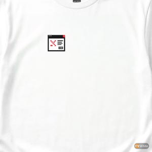 May include: White t-shirt with a small, pixelated graphic on the front. The graphic depicts a computer window with a red top bar, a red X, and three horizontal lines. The shirt is made of heavy cotton.