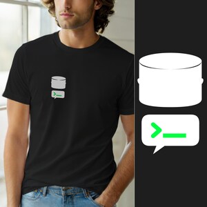 May include: A black short-sleeved t-shirt featuring a small white graphic on the left chest. The graphic displays a white cylindrical database icon positioned above a white speech bubble containing a bright green command line prompt symbol.