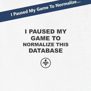 May include: White t-shirt featuring the black text "I PAUSED MY GAME TO NORMALIZE THIS DATABASE" and a small graphic. A dark blue banner across the top reads "I Paused My Game To Normalize..."