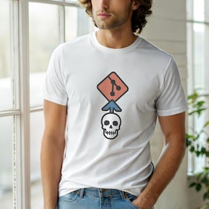 Könnte beinhalten: Weißes T-Shirt mit einem grafischen Design eines Schädels, eines nach oben zeigenden Pfeils und einer rautenförmigen Form mit verbundenen Punkten. Das Design ist in Schwarz, Rot, Blau und Orange gehalten. Das Shirt ist aus weichem Material.