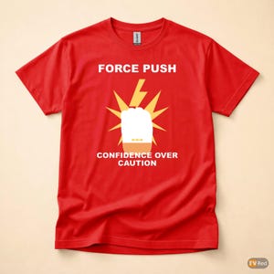 Puede incluir: Camiseta roja con las palabras "FORCE PUSH" sobre un gráfico de un puño blanco con un rayo amarillo y un diseño de estrella. Debajo del gráfico, el texto dice "CONFIDENCE OVER CAUTION".