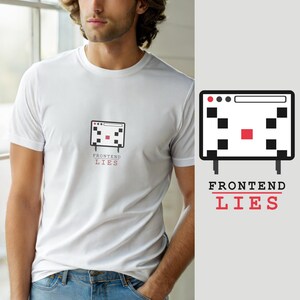 Könnte beinhalten: Ein weißes kurzärmeliges T-Shirt mit einer Grafik eines Computer-Browserfensters mit schwarzen quadratischen Symbolen und einem roten Quadrat in der Mitte. Unter der Grafik steht der Text FRONTEND in Schwarz und LIES in Rot.