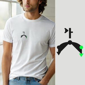 May include: A white short-sleeved t-shirt featuring a small black graphic on the left chest. The design consists of a central dot with two downward-curving arms, a vertical line with a right-pointing arrow, and a single bright green dot and arrow.