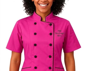 Gepersonaliseerde koksjas met korte mouwen, double-breasted culinaire jas, uniform poly/katoenmix
