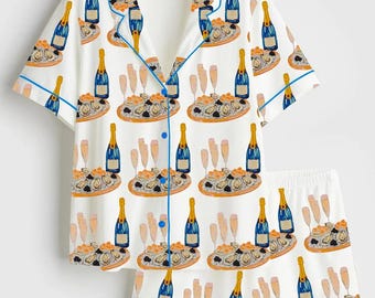 Champagne Caviar Satin Pajamas Luxury Sleepwear Short Sleeve Silky Pjs Foodie Loungewear Cute Matching Pajama Set Birthday Gift for Her