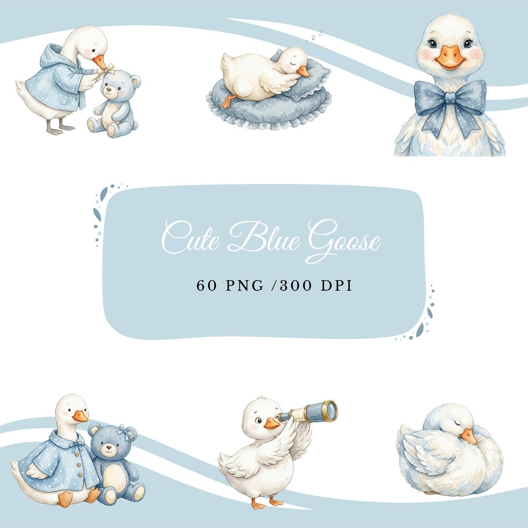 Watercolor Blue Goose Clipart Bundle, Boho Nursery Decor, Baby Shower ...