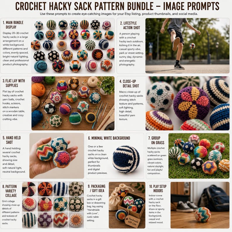 May include: A collection of crochet hacky sacks featuring various geometric patterns and vibrant colors, presented in a grid layout with instructional text titled CROCHET HACKY SACK PATTERN BUNDLE - IMAGE PROMPTS and numbered sections 1 through 10.