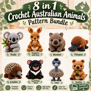 Op de afbeelding: Een digitale afbeelding met de tekst 8 in 1 Crochet Australian Animals Pattern Bundle. Het toont gehaakte figuren van een koala, kangoeroe met jong, wombat, vogelbekdier, mierenegel, Tasmaanse duivel, emoe en quokka met bijbehorende labels.