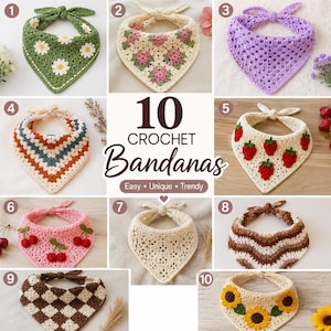 May include: A collection of ten crochet bandanas featuring various designs including daisy, floral, strawberry, cherry, sunflower, checkered, and chevron patterns in multiple colors, all tied with top knots and arranged in a numbered grid layout.