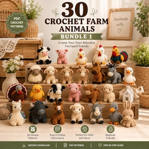 May include: A digital collection of 30 crochet farm animal patterns titled 30 CROCHET FARM ANIMALS BUNDLE 1. The image displays various small, handmade yarn figures including a cow, pig, chicken, rooster, sheep, donkey, turkey, and llama.