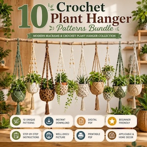 May include: A bundle of 10 crochet plant hanger patterns featuring text that reads 10 Crochet Plant Hanger Patterns Bundle. The image displays ten hanging plant holders in various shades of green, cream, and brown, suspended from a wooden branch.
