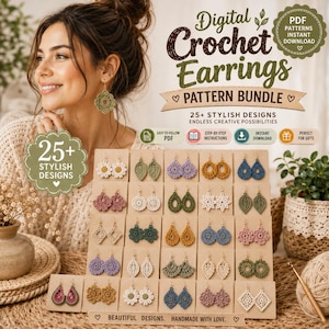 May include: A digital crochet earrings pattern bundle featuring 25 plus designs. The display shows a grid of various crocheted earring pairs in colors like white, green, purple, yellow, blue, pink, and brown, all mounted on individual cards.