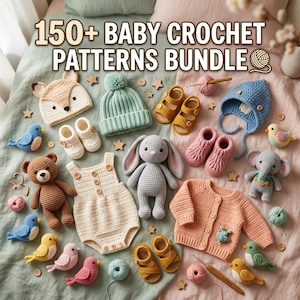 May include: A collection of handmade baby crochet items, including a fox hat, booties, a romper, a bunny, a teddy bear, and a cardigan. The image also features several crochet birds and shoes. The text reads "150+ BABY CROCHET PATTERNS BUNDLE."