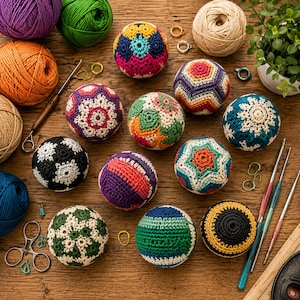 May include: A collection of eleven spherical crochet ornaments featuring various geometric and floral patterns in multicolored yarn, accompanied by several balls of yarn, metal crochet hooks, stitch markers, and a pair of scissors.