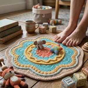 May include: A colorful, round, crocheted rug with a scalloped edge. The rug features concentric circles of peach, yellow, and turquoise. A crocheted elephant and star-shaped toy sit on the rug, along with wooden blocks and a stuffed fox.