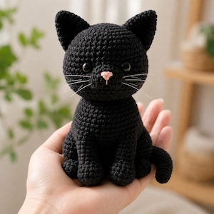 Puede incluir: Una pequeña figura de gato negro hecha a mano con hilo de ganchillo. El gato presenta una cabeza redonda con orejas puntiagudas, ojos de plástico negro brillante, una pequeña nariz cosida en rosa y finos bigotes blancos.