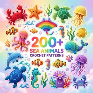 Paquete de más de 200 patrones de crochet de animales marinos en PDF / Conjunto de amigurumi de animales del océano / Colección de crochet de pulpo, tortuga, ballena, cangrejo, pez y delfín