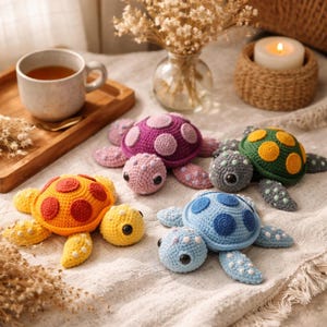 May include: A selection of handmade crochet turtle toys in various colours, including orange, yellow, purple, green, and blue. Each turtle features a shell with contrasting polka dots and detailed flippers and head. The toys are arranged on a cream-coloured surface.