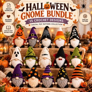 Op de afbeelding: Een digitale PDF-patronencollectie genaamd Halloween Gnome Bundle met 15 haakontwerpen. De afbeelding toont 15 unieke gehaakte kabouters met diverse thema's, waaronder pompoenen, spoken, heksen, mummies en skeletten.