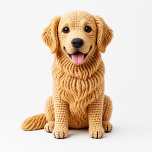 Peut inclure: Une figurine de chien golden retriever fabriquée en fil beige avec des techniques de crochet. Le chien est en position assise avec un pelage texturé, des yeux marron foncé, un nez noir et une gueule ouverte montrant une langue rose.