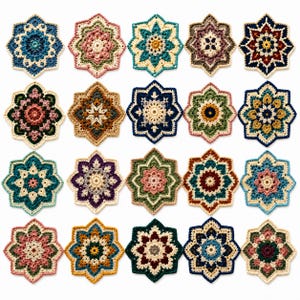 May include: A collection of twenty star-shaped crochet motifs arranged in a grid. Each piece features intricate, multi-colored geometric patterns with central circular designs, crafted from yarn in various shades including blue, pink, green, and gold.
