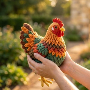 May include: A handmade crochet chicken in shades of orange, brown, green, and red. The chicken has a detailed comb, beak, and tail feathers. The craft item is held in a person's hands, showcasing the intricate stitching and design.