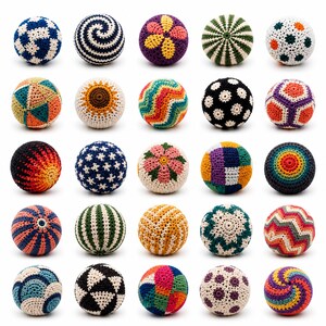 May include: A collection of twenty-five spherical crochet balls arranged in a five-by-five grid. Each ball features a unique pattern, including stripes, floral motifs, geometric shapes, and spirals, rendered in a variety of vibrant yarn colors.