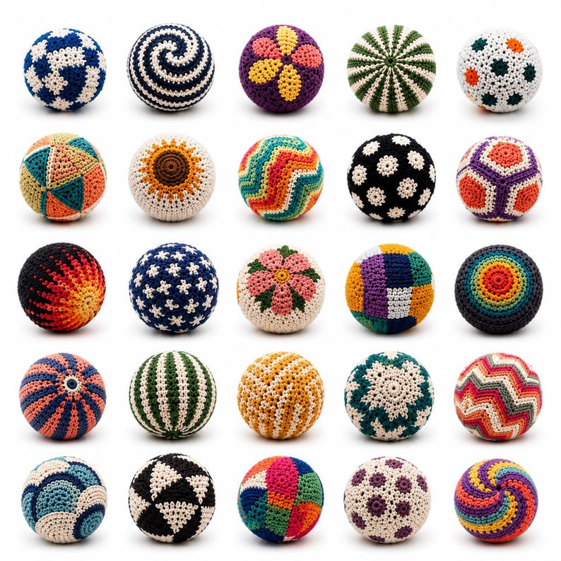 May include: A collection of twenty-five spherical crochet balls arranged in a five-by-five grid. Each ball features a unique pattern, including stripes, floral motifs, geometric shapes, and spirals, rendered in a variety of vibrant yarn colors.