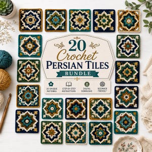 Può includere: Una collezione di 20 motivi quadrati all'uncinetto con intricati disegni floreali in blu navy, verde acqua, giallo senape e crema. Un cartello centrale mostra il testo 20 Crochet PERSIAN TILES BUNDLE con icone per modelli, istruzioni e download.