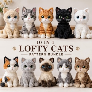 Puede incluir: Una colección de diez gatos de ganchillo en varios colores y patrones, incluyendo diseños sólidos, atigrados, calicó y siameses. El texto 10 IN 1 LOFTY CATS PATTERN BUNDLE se muestra en el centro, acompañado de pequeños iconos de huellas.