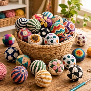 May include: A collection of round, multi-colored crocheted balls featuring various patterns including stripes, floral motifs, geometric shapes, and polka dots, with many contained in a woven wicker basket and others scattered on a wooden surface.