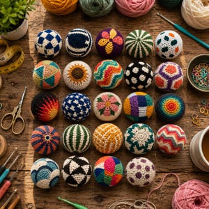 May include: A collection of twenty-four spherical crochet balls arranged in a grid, each featuring unique geometric, floral, or striped patterns in various colors, accompanied by crochet hooks, scissors, and yarn on a wooden surface.
