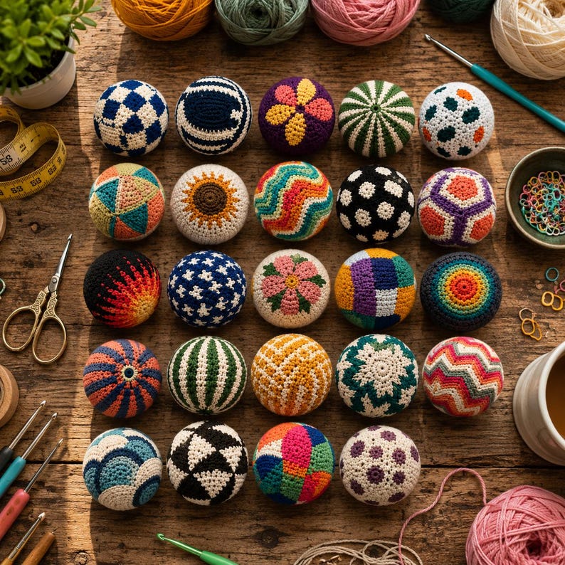 May include: A collection of twenty-four spherical crochet balls arranged in a grid, each featuring unique geometric, floral, or striped patterns in various colors, accompanied by crochet hooks, scissors, and yarn on a wooden surface.