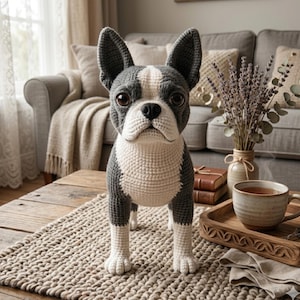 May include: A handmade crochet Boston Terrier dog with gray and white coloring. The dog is standing on a beige rug on a wooden table. The dog has large, expressive eyes and is in a living room setting.