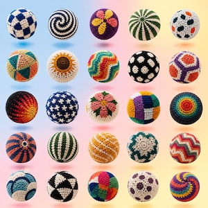 May include: A collection of twenty-five spherical crochet balls arranged in a five-by-five grid. Each ball features a unique pattern, including stripes, floral motifs, geometric shapes, and polka dots, rendered in a variety of vibrant yarn colors.