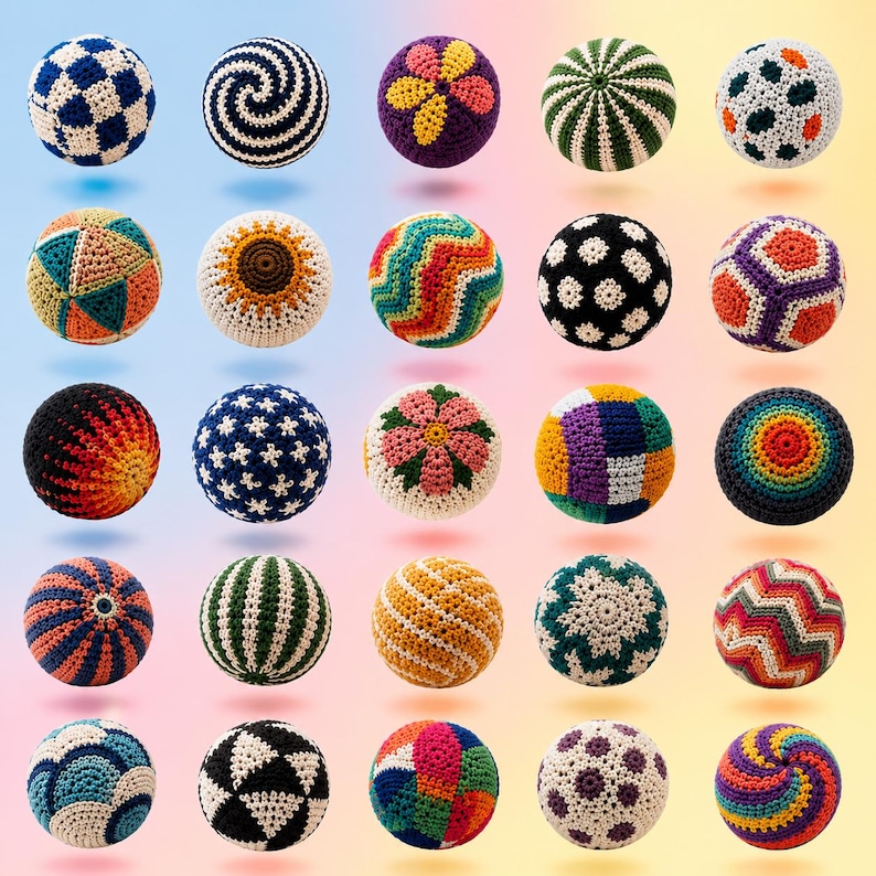 May include: A collection of twenty-five spherical crochet balls arranged in a five-by-five grid. Each ball features a unique pattern, including stripes, floral motifs, geometric shapes, and polka dots, rendered in a variety of vibrant yarn colors.