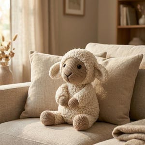 Puede incluir: Un peluche de cordero color crema, con un cuerpo texturizado y lanoso y una cara, orejas y patas de color beige. El cordero está sentado en un sofá beige con cojines a juego. El cordero tiene ojos negros y una sonrisa cosida.