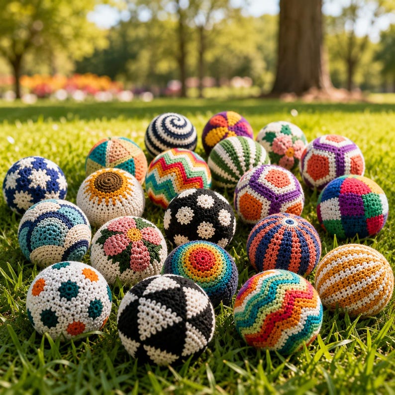 May include: A collection of twenty round, crocheted yarn balls featuring diverse patterns including geometric shapes, floral motifs, stripes, zigzags, and polka dots in a wide variety of vibrant colors such as blue, red, yellow, green, and black.
