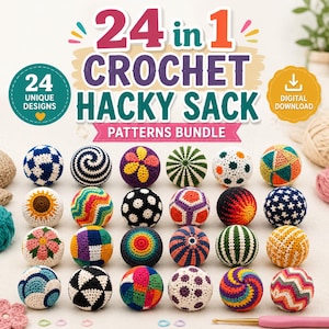 Può includere: Un pacchetto di download digitale con 24 modelli unici di hacky sack all'uncinetto. L'immagine mostra 24 palline sferiche lavorate all'uncinetto e colorate con vari disegni geometrici, floreali e a righe, insieme a un uncinetto rosa e segnapunti.
