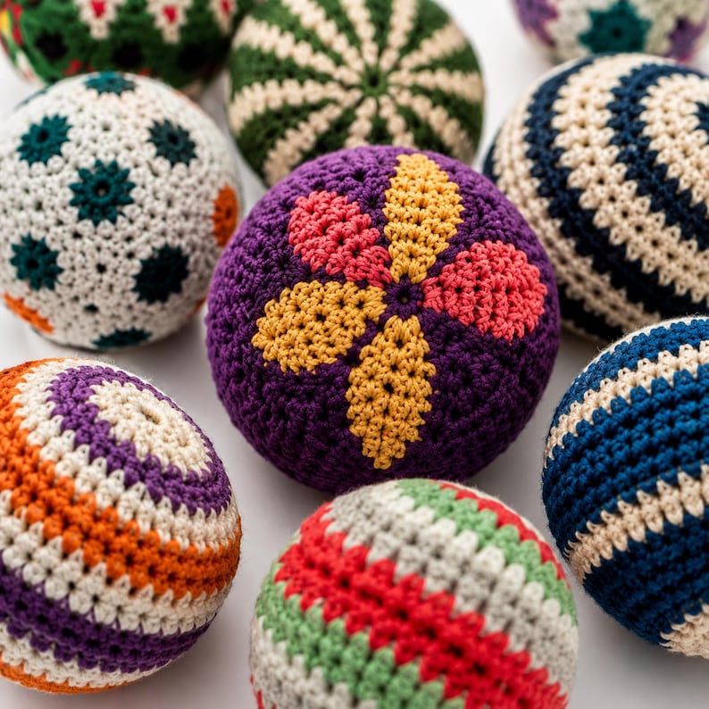 May include: A collection of spherical crochet balls featuring various patterns and colors, including a purple ball with a yellow and pink flower design, striped balls in orange, purple, green, and blue, and white balls with dark green star motifs.